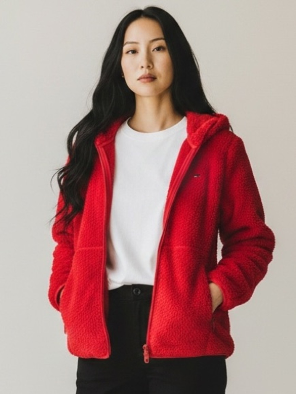 Tommy Hilfiger Women’s Hooded Red Teddy Jacket with Flag Logo Zip Pockets Sz XL